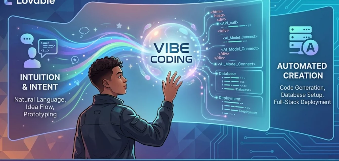revolucion-vibe-coding-lovable-ia Interfaz de la plataforma Lovable mostrando el concepto de Vibe Coding y desarrollo de apps con IA.