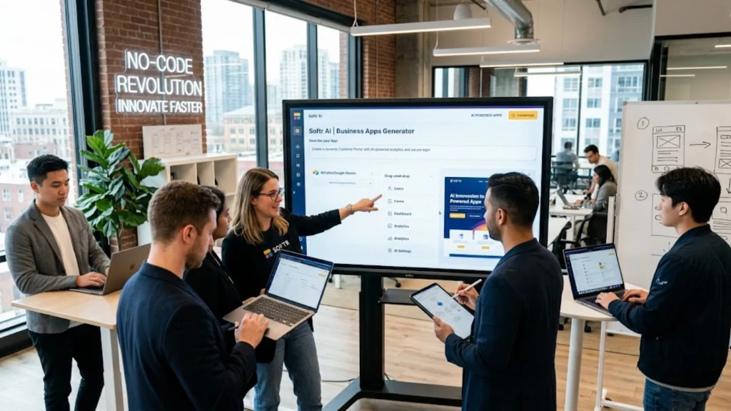 Interfaz de Softr AI creando una aplicación empresarial personalizada sin código