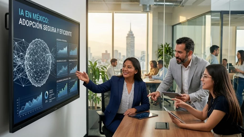Ejecutivos mexicanos analizando datos de inteligencia artificial en una empresa moderna.