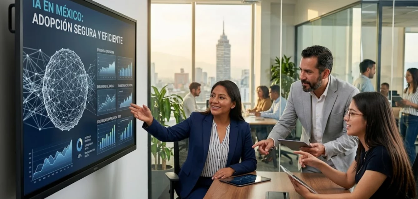 Ejecutivos mexicanos analizando datos de inteligencia artificial en una empresa moderna.