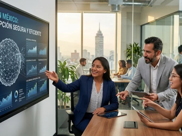 Ejecutivos mexicanos analizando datos de inteligencia artificial en una empresa moderna.