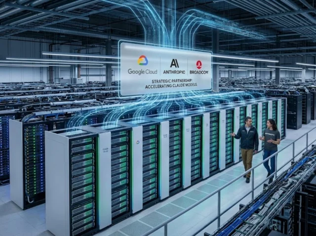Representación de la infraestructura de Google Cloud TPU y colaboración con Anthropic y Broadcom.