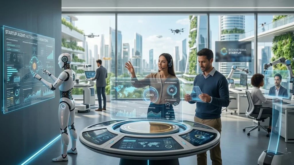 Representación digital del futuro del trabajo con IA y automatización en startups 2040