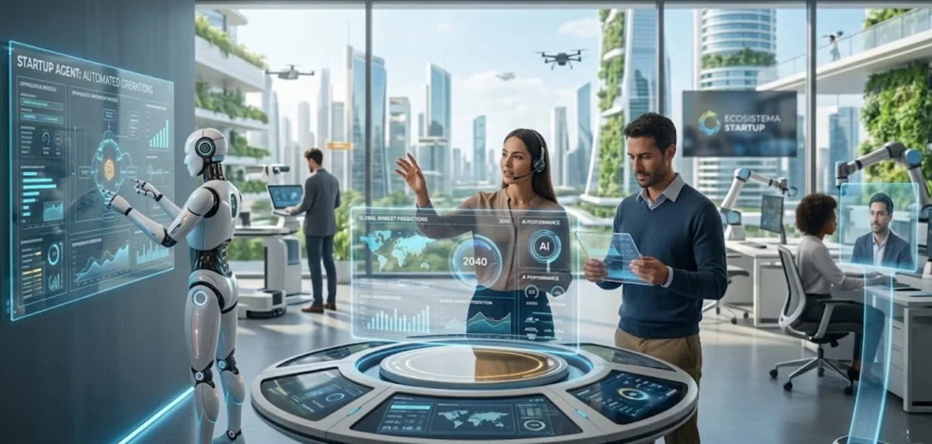 Representación digital del futuro del trabajo con IA y automatización en startups 2040
