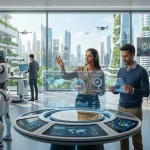 Representación digital del futuro del trabajo con IA y automatización en startups 2040