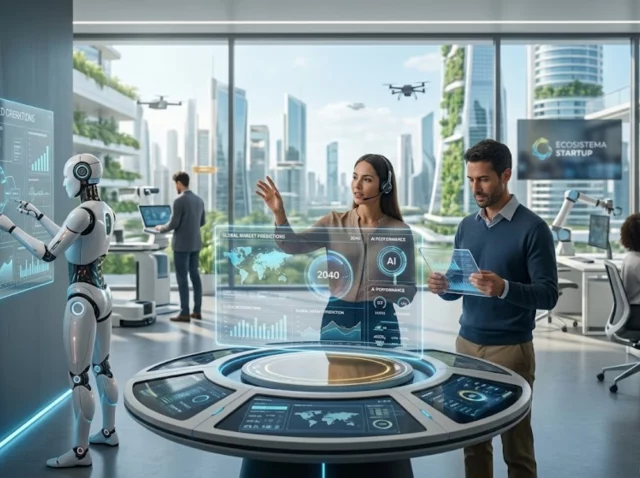 Representación digital del futuro del trabajo con IA y automatización en startups 2040