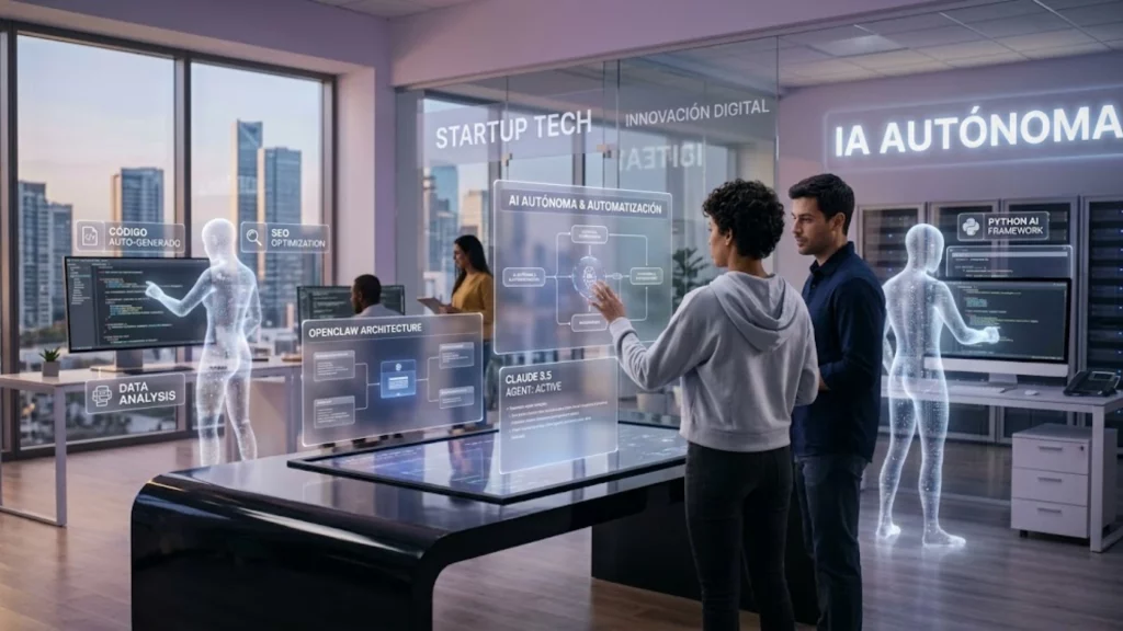 Representación futurista de inteligencia artificial autónoma y arquitectura OpenClaw para startups.