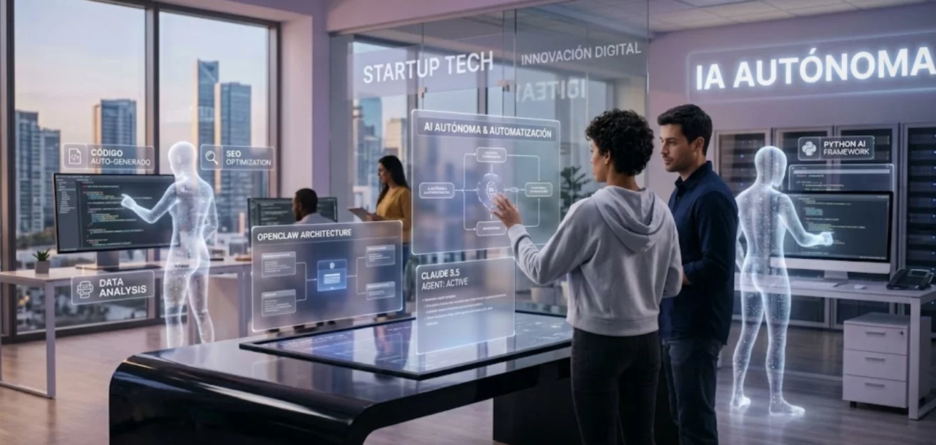 Representación futurista de inteligencia artificial autónoma y arquitectura OpenClaw para startups.