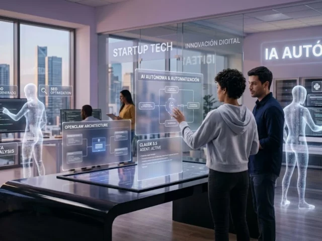 Representación futurista de inteligencia artificial autónoma y arquitectura OpenClaw para startups.