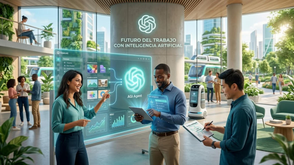 Representación del futuro del trabajo con IA y automatización tecnológica.