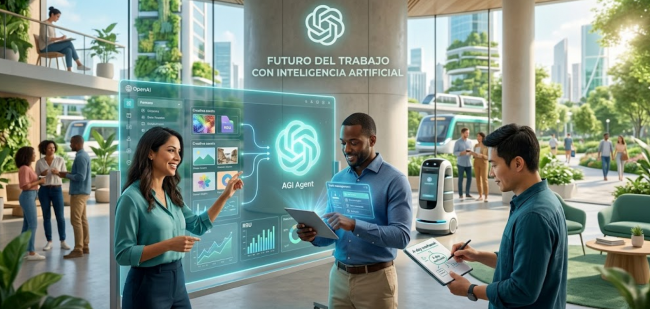 Representación del futuro del trabajo con IA y automatización tecnológica.