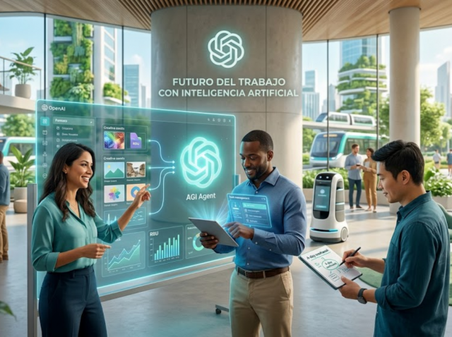 Representación del futuro del trabajo con IA y automatización tecnológica.