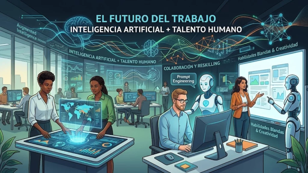 Representación visual de la colaboración entre humanos y sistemas de inteligencia artificial en una oficina moderna.