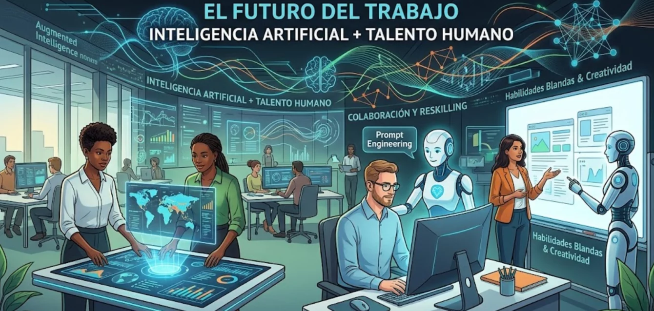 Representación visual de la colaboración entre humanos y sistemas de inteligencia artificial en una oficina moderna.