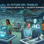 Representación visual de la colaboración entre humanos y sistemas de inteligencia artificial en una oficina moderna.