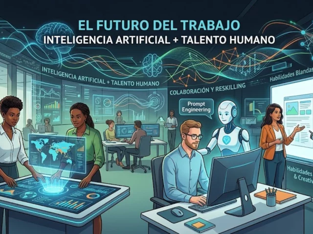 Representación visual de la colaboración entre humanos y sistemas de inteligencia artificial en una oficina moderna.
