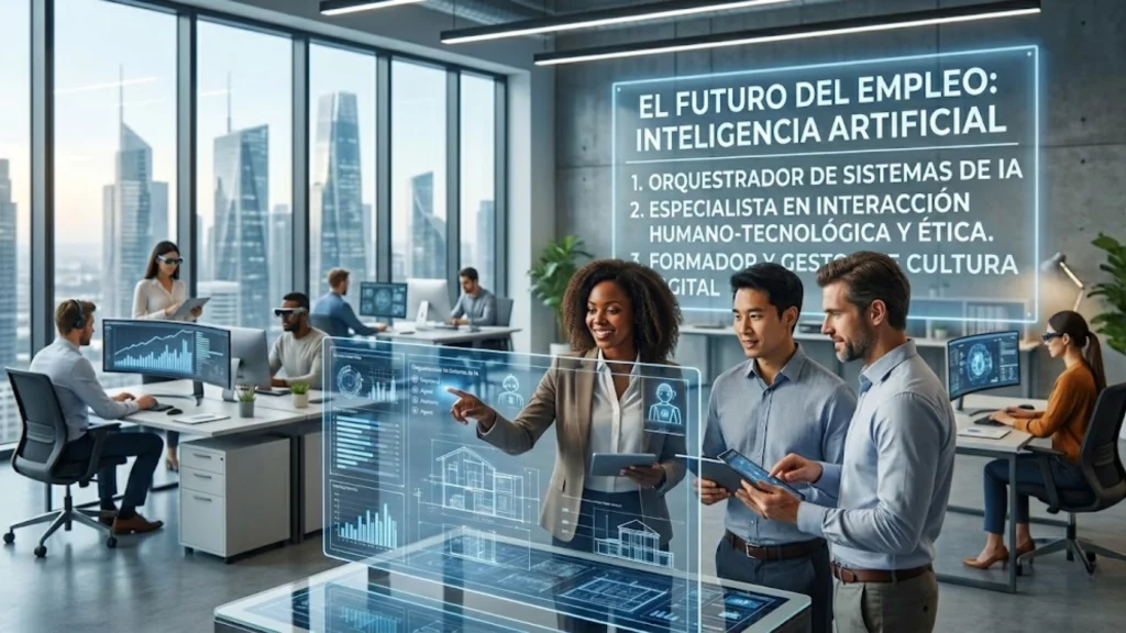 Profesionales colaborando con sistemas de inteligencia artificial en una oficina moderna.