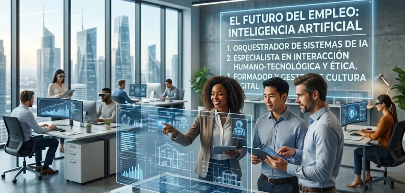 Profesionales colaborando con sistemas de inteligencia artificial en una oficina moderna.