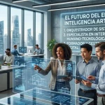 Profesionales colaborando con sistemas de inteligencia artificial en una oficina moderna.