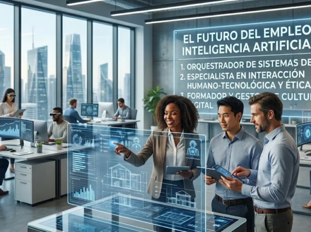 Profesionales colaborando con sistemas de inteligencia artificial en una oficina moderna.