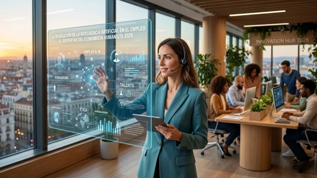 Profesional colaborando con interfaz de inteligencia artificial en entorno laboral moderno.