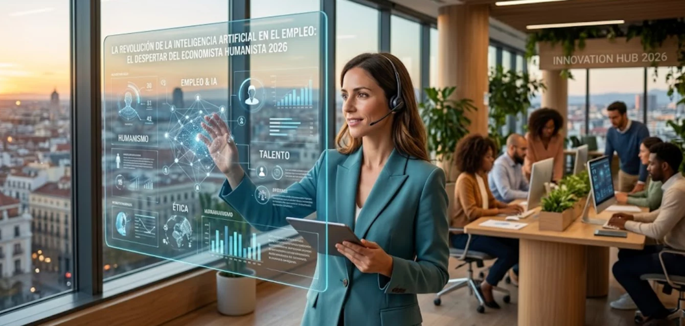 Profesional colaborando con interfaz de inteligencia artificial en entorno laboral moderno.