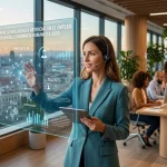 Profesional colaborando con interfaz de inteligencia artificial en entorno laboral moderno.