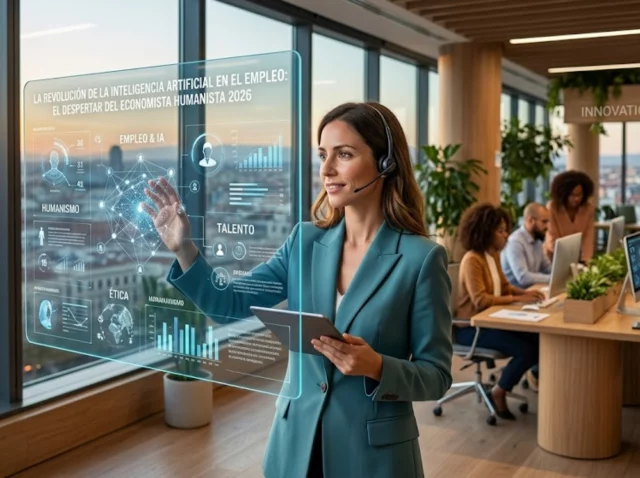 Profesional colaborando con interfaz de inteligencia artificial en entorno laboral moderno.