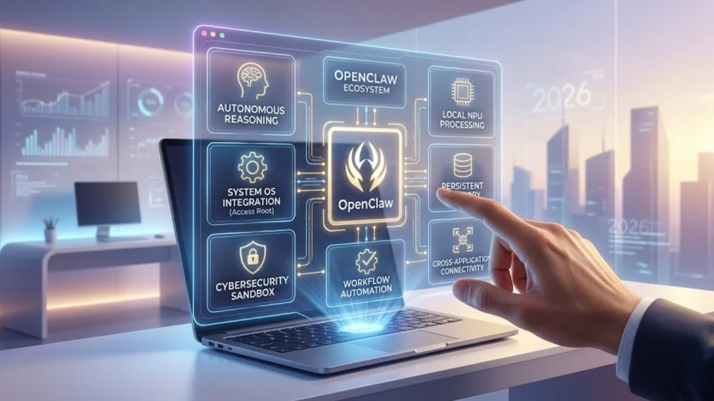 Representación visual de un agente de IA OpenClaw interactuando con el sistema operativo de una PC agéntica.