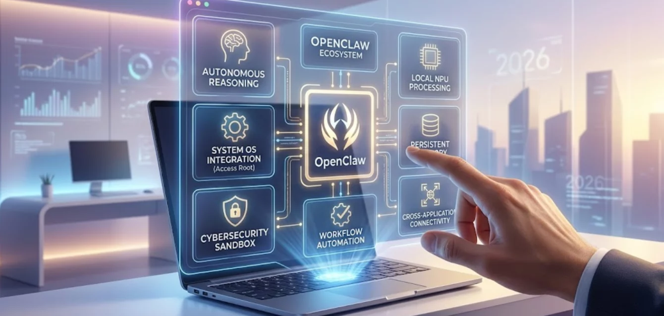 Representación visual de un agente de IA OpenClaw interactuando con el sistema operativo de una PC agéntica.