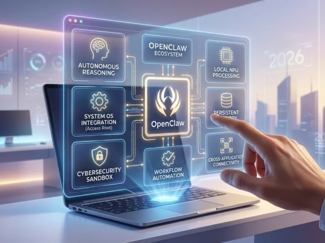 Representación visual de un agente de IA OpenClaw interactuando con el sistema operativo de una PC agéntica.