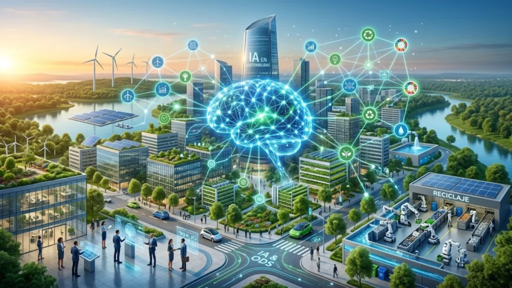 Representación digital de una red neuronal integrándose con un ecosistema verde y edificios corporativos sostenibles.