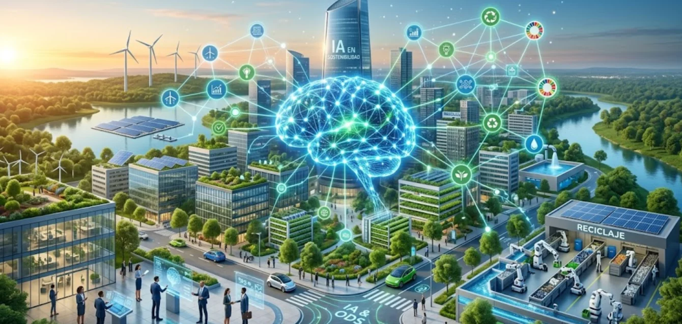 Representación digital de una red neuronal integrándose con un ecosistema verde y edificios corporativos sostenibles.