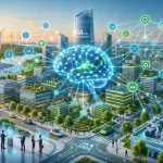 Representación digital de una red neuronal integrándose con un ecosistema verde y edificios corporativos sostenibles.