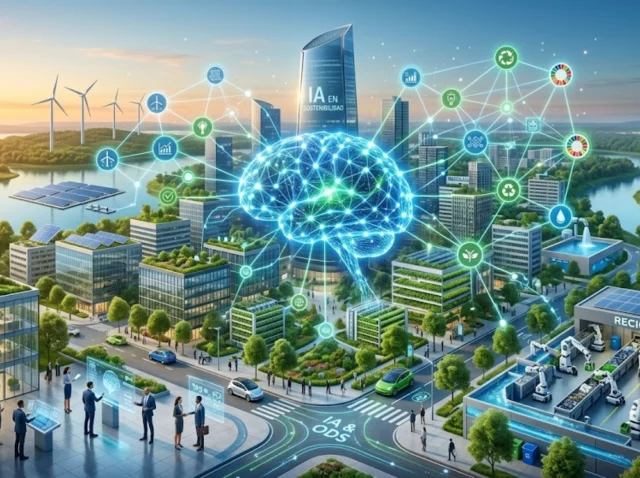 Representación digital de una red neuronal integrándose con un ecosistema verde y edificios corporativos sostenibles.