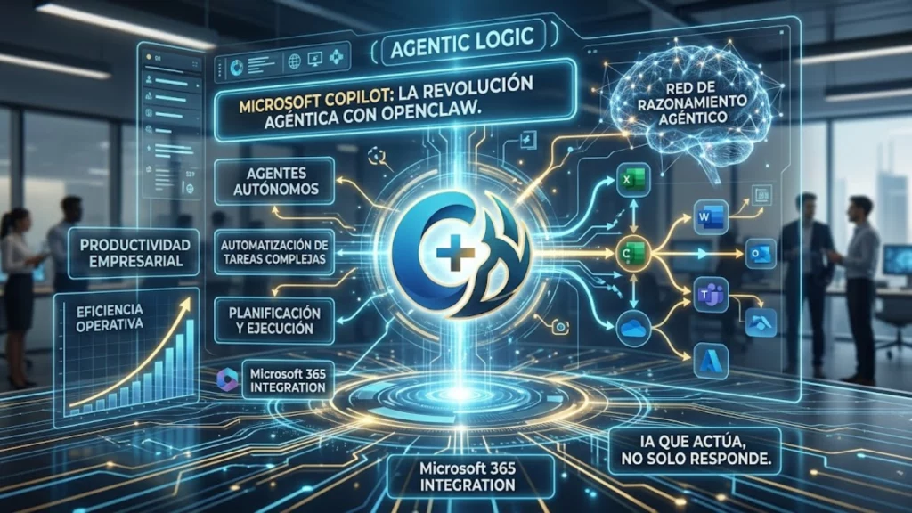 Representación de la evolución de Microsoft Copilot hacia sistemas agénticos con OpenClaw.
