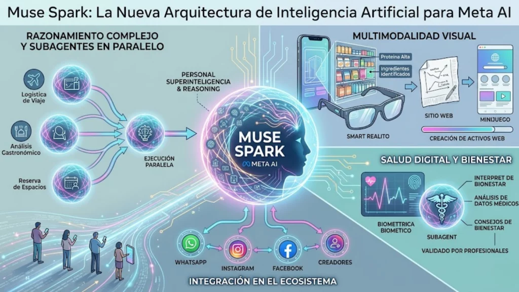 Interfaz conceptual de Muse Spark la nueva arquitectura de inteligencia artificial de Meta.