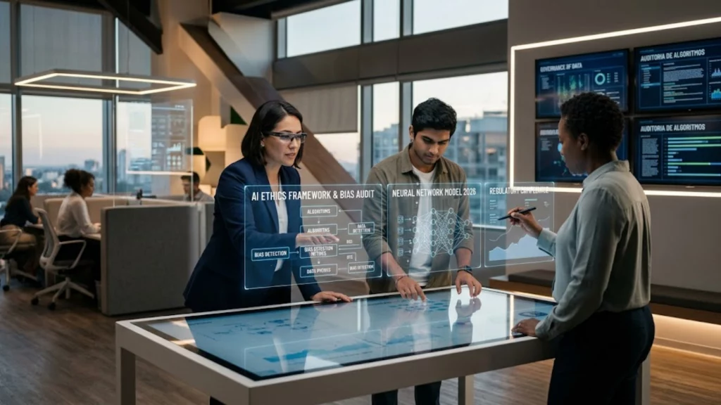 Profesionales de tecnología trabajando en nuevas posiciones de inteligencia artificial y ética.
