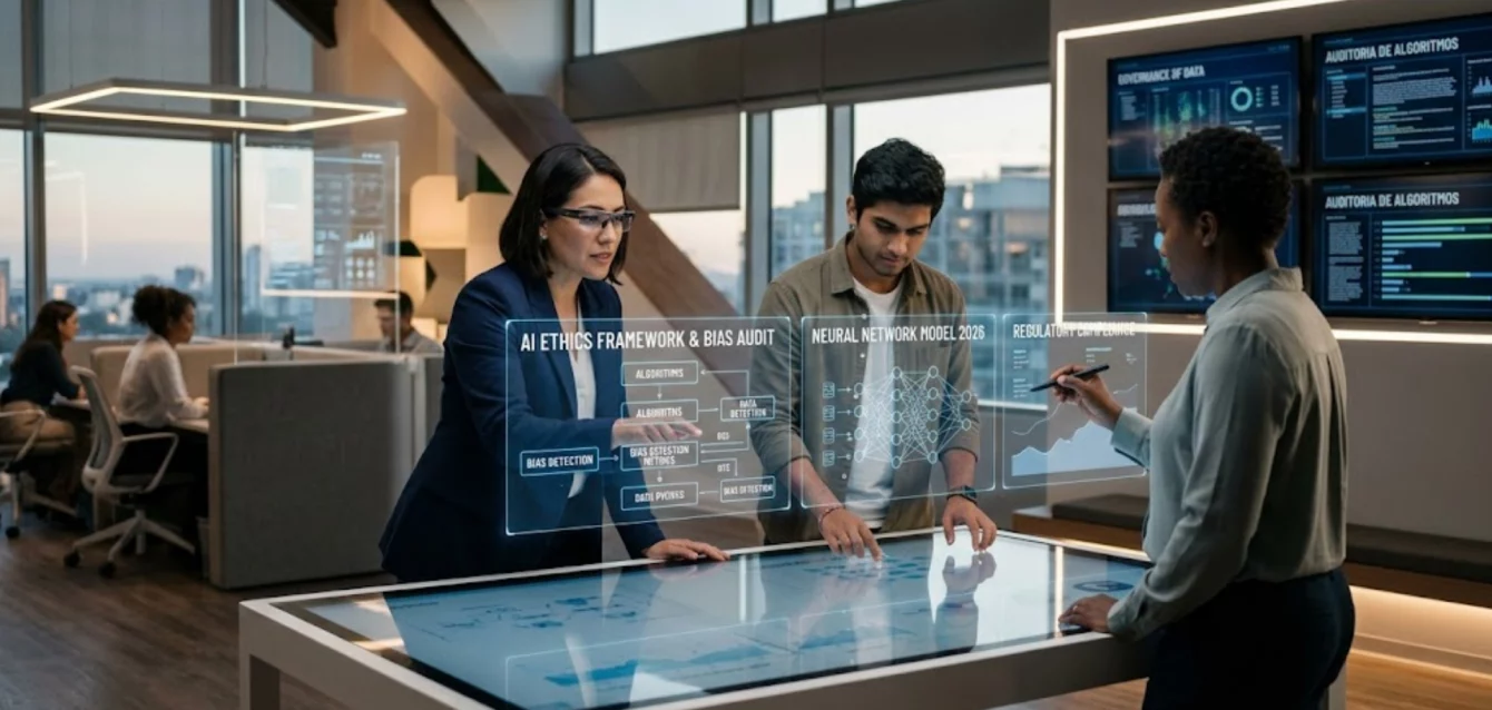 Profesionales de tecnología trabajando en nuevas posiciones de inteligencia artificial y ética.