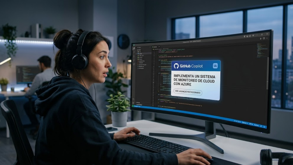 Interfaz de GitHub Copilot con anuncios sugeridos por inteligencia artificial.