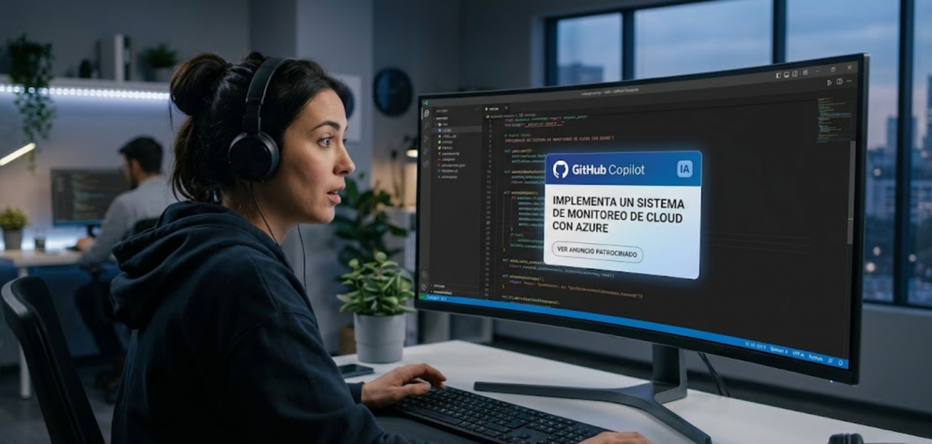 publicidad-ia-github-copilot-desarrollo-software Interfaz de GitHub Copilot con anuncios sugeridos por inteligencia artificial.