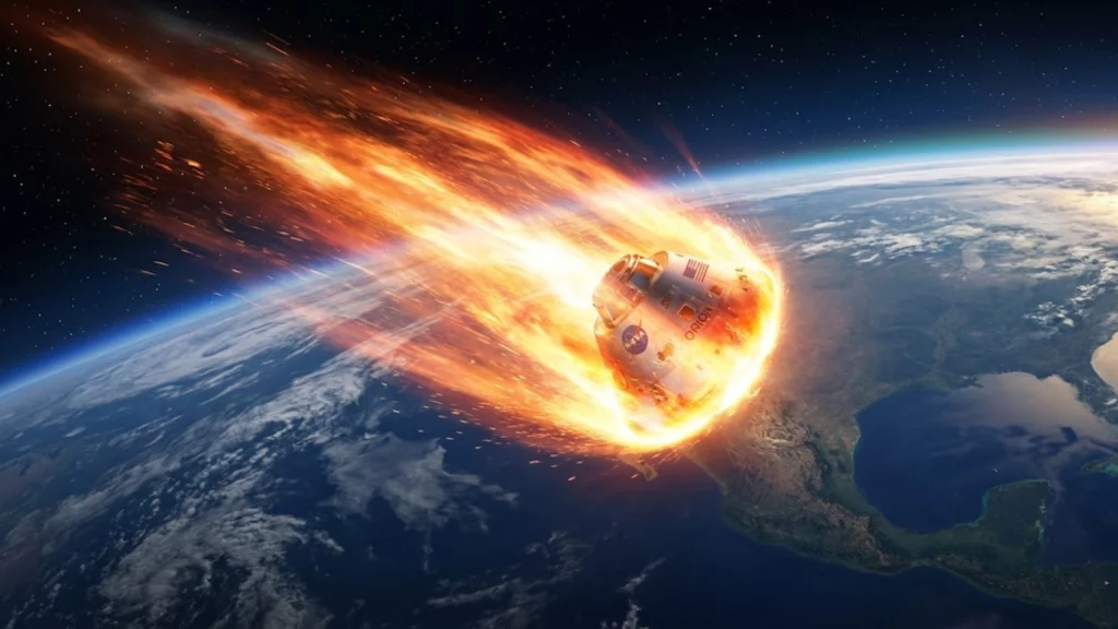 Cápsula Orion de la misión Artemis II reingresando a la atmósfera terrestre como una bola de fuego.