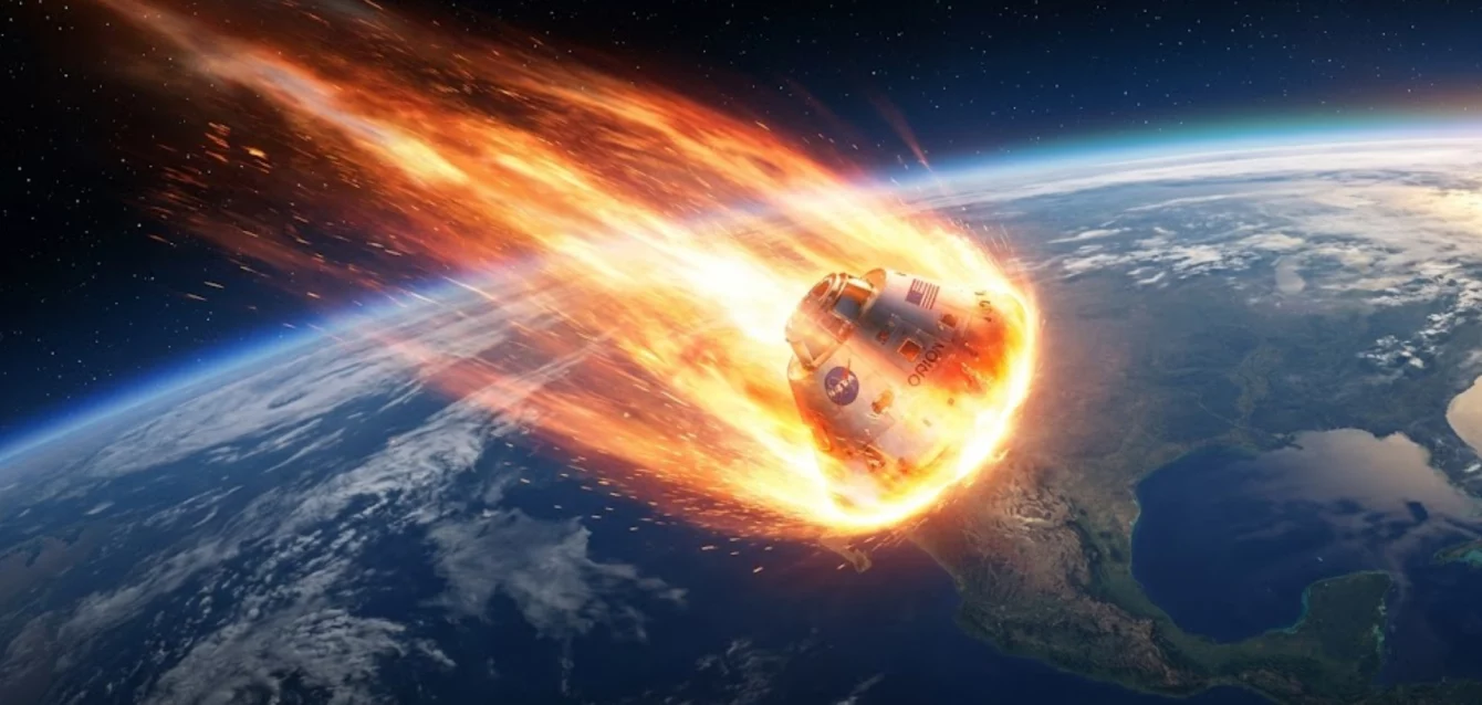 reingreso-capsula-orion-artemis-ii-bola-fuego Cápsula Orion de la misión Artemis II reingresando a la atmósfera terrestre como una bola de fuego.