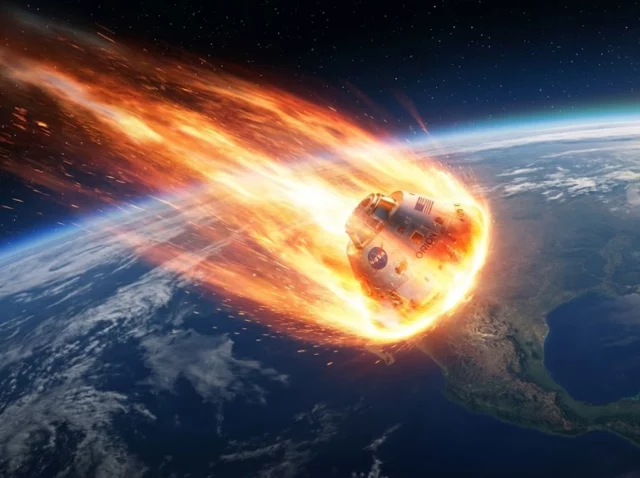 Cápsula Orion de la misión Artemis II reingresando a la atmósfera terrestre como una bola de fuego.