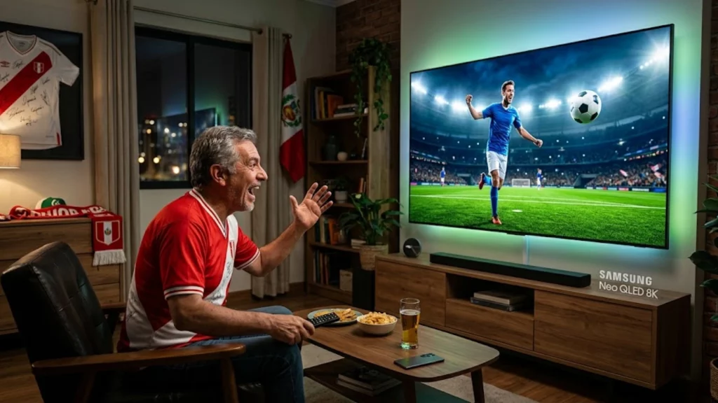 Hombre viendo un partido de fútbol en un televisor Samsung Neo QLED con AI Football Mode Pro activado.