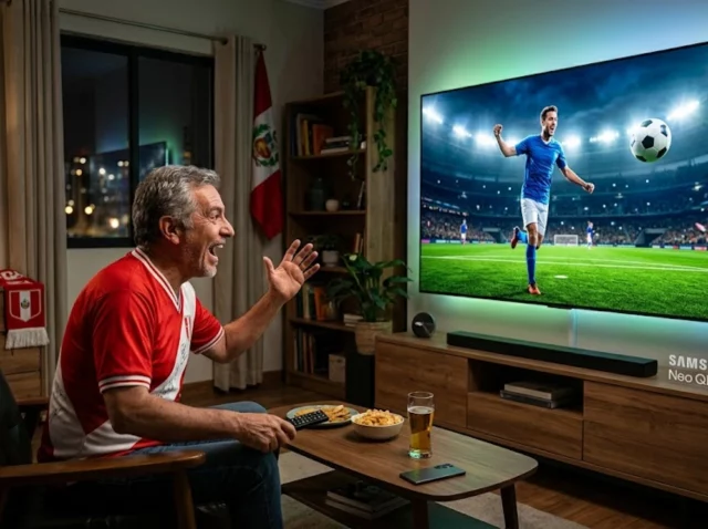Hombre viendo un partido de fútbol en un televisor Samsung Neo QLED con AI Football Mode Pro activado.