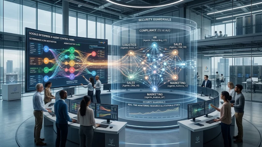 Representación de una red de agentes de inteligencia artificial controlada por Google en una infraestructura empresarial.