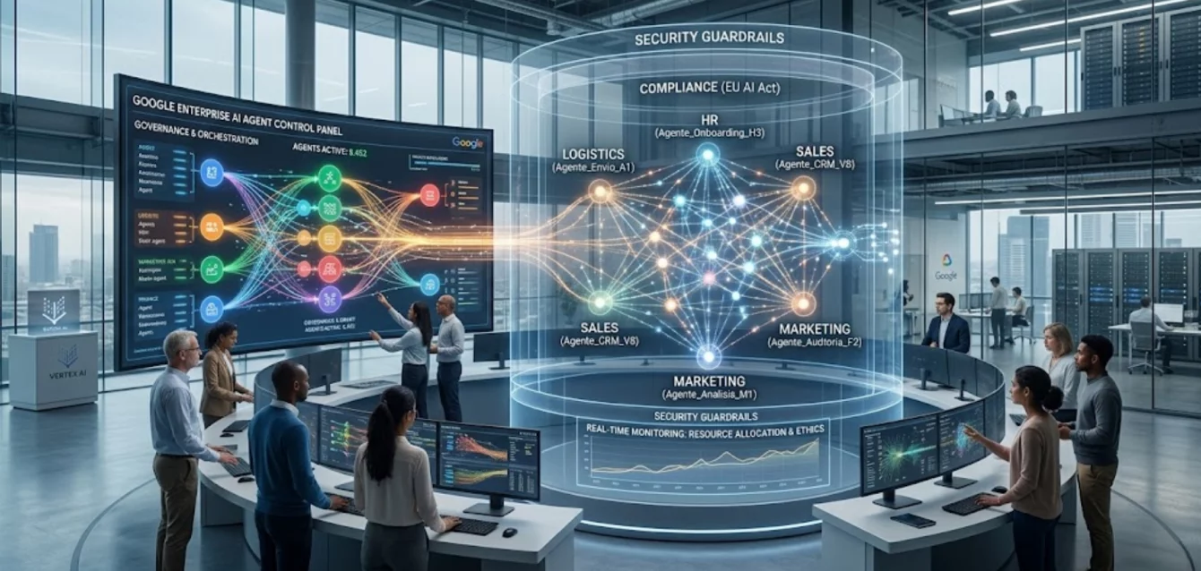 Representación de una red de agentes de inteligencia artificial controlada por Google en una infraestructura empresarial.