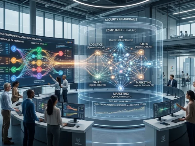 Representación de una red de agentes de inteligencia artificial controlada por Google en una infraestructura empresarial.