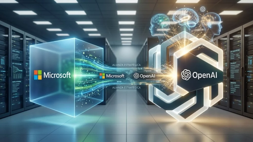 Representación visual de la colaboración tecnológica entre Microsoft y OpenAI en el sector de la IA.